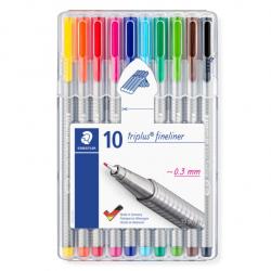 Staedtler Triplus Fineliner 334 Pack de 10 Rotuladores de Punta Fina - Trazo 0.3 mm Aprox - Tinta Base de Agua - Colores Surtido