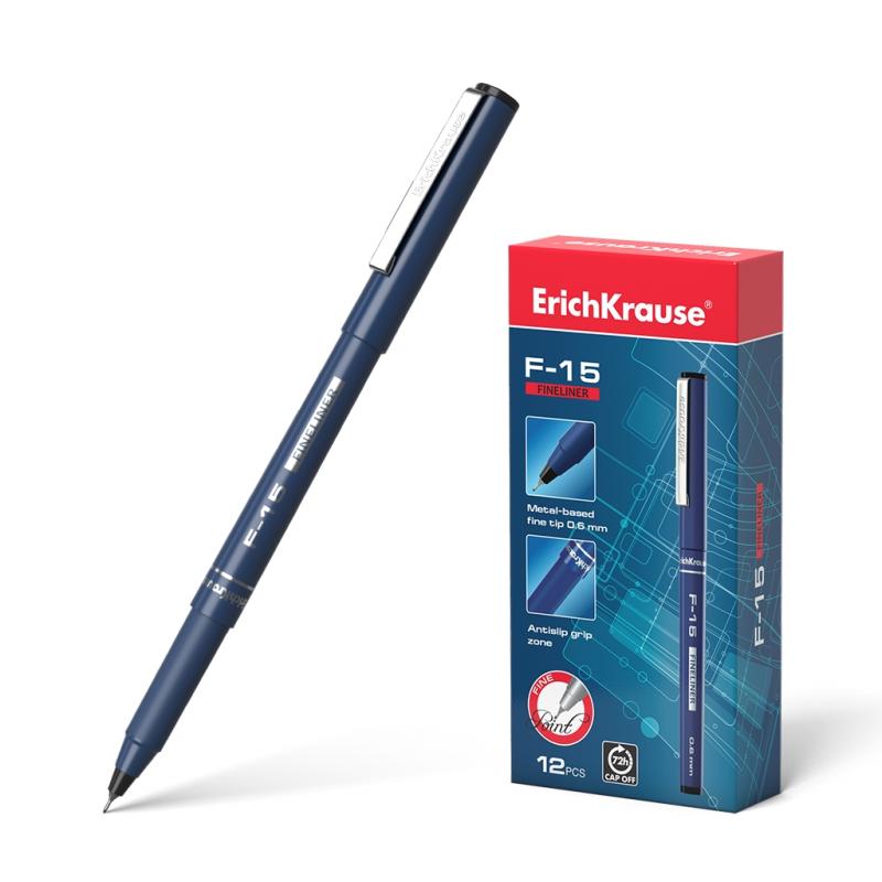 Erichkrause Boligrafo de Trazo Fino F-15 - Tinta Color Negro - Pluma Estilografica Stick - Clip Metalico - Punta Fina - Longitud