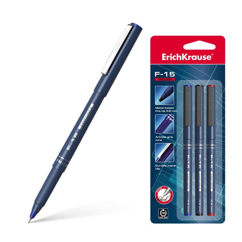 Erichkrause Pack de 3 Boligrafos F-15 - Trazo Fino de 06mm - Tinta en Colores Azul, Negro y Rojo - Color Del Cuerpo Opaco Redond