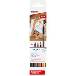 Edding 1340 Brush Pack de 4 Rotuladores - Punta Pincel Flexible - Trazo 1-3mm - Tinta con Base de Agua - Colores Oro, Negro, Gri