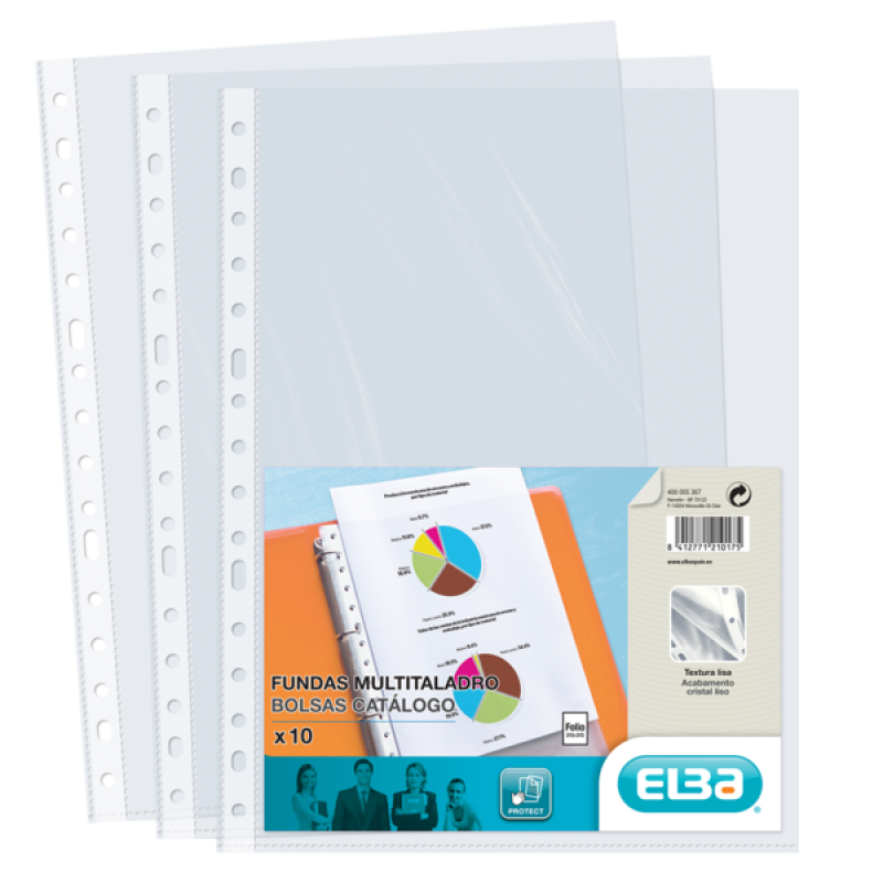 Elba Pack de 10 Fundas Multitaladro Standard Folio - Material de PP de 70? - Transparente y Cristalino