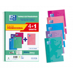 Oxford School Classic Write&Erase Pack 4+1 Fº - Cuaderno Espiral - Tapa Extradura - 4x4 con Margen - 80 Hojas - Colores Surtidos