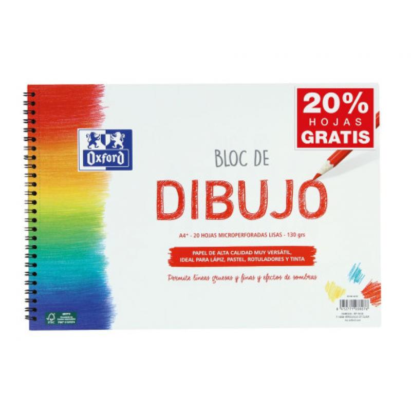 Oxford Bloc de Dibujo Escolar Espiral Formato A4+ Liso - 20 Hojas Microperforadas 130gr Color natural - Papel de Superfície Rugo