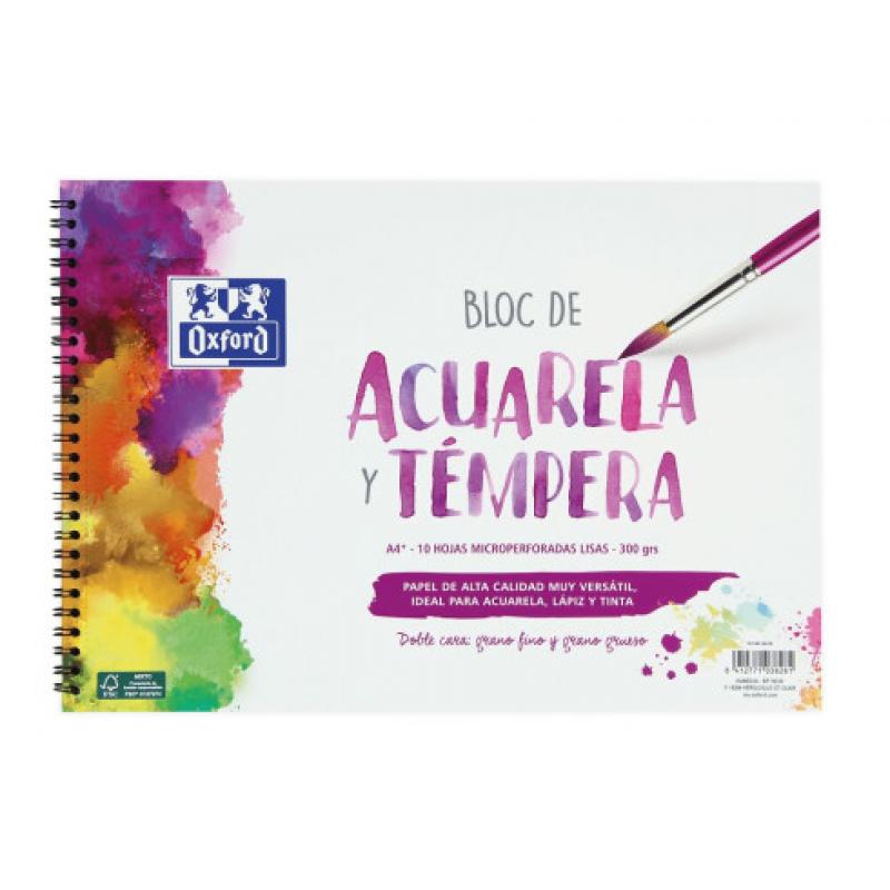 Oxford Bloc de Acuarela y Tempera Escolar Espiral Formato A4+ Liso - 10 Hojas Microperforadas 300gr Color natural - Papel de Dob