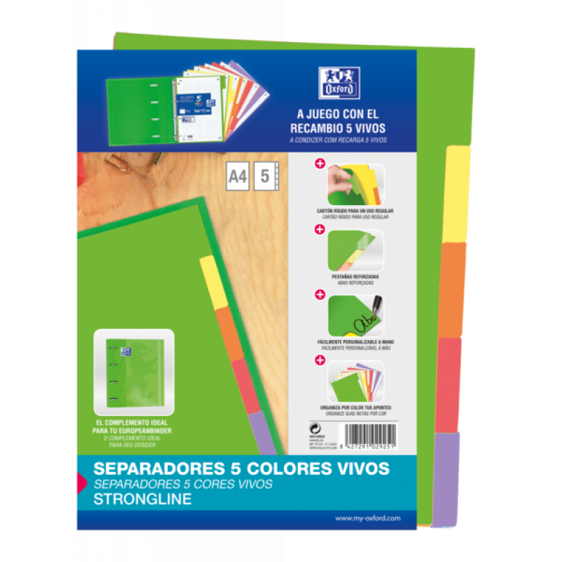 Oxford Strongline A4 Separadores 5 Posiciones - 4 Taladros - Cartulina 200gr - Colores Surtidos