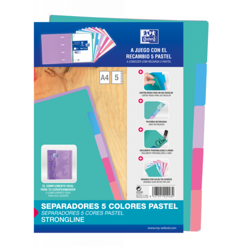 Oxford Strongline A4 Separadores 5 Posiciones - 4 Taladros - Cartulina 200gr - Colores Surtidos