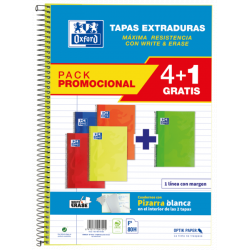 Oxford School Classic Write&Erase Pack 4+1 Fº - Cuaderno Espiral - Tapa Extradura - 1 Linea con Margen - 80 Hojas - Colores Surt