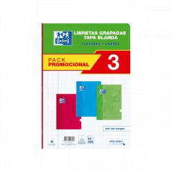 Oxford School Classic Pack 3 - Libreta Grapada A4 - Tapa Blanda - 4x4 con Margen - 48 Hojas - 3 Colores