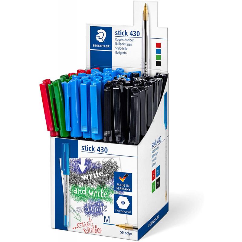 Staedtler Stick 430 Pack de 50 Boligrafos - Punta 0.35mm - Tinta Endeleble - Colores Surtidos