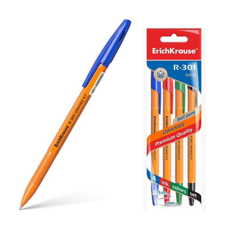 Erichkrause Pack de 4 Boligrafos R-301 Naranja Stick 0.7 - Cuerpo Hexagonal Opaco - Punta de 0.7mm - Tinta de Secado Rapido - Co