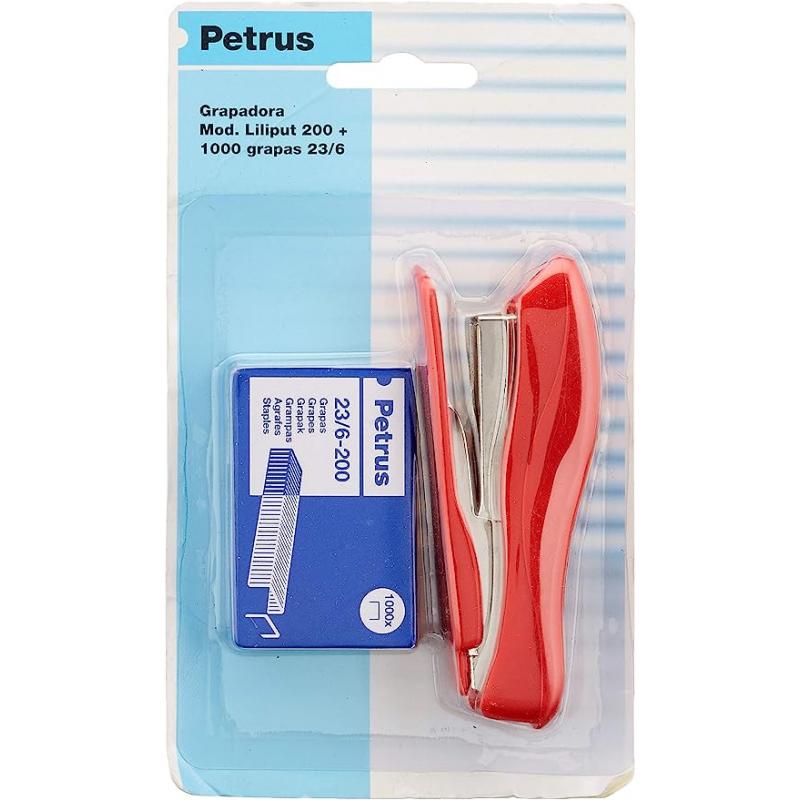 Petrus 200 Liliput Grapadora + 1 Caja grapas 23/6-200 - Hasta 12 Hojas - Grapas 23/6 - Grapado Cerrado y Clavado - Colores Surti