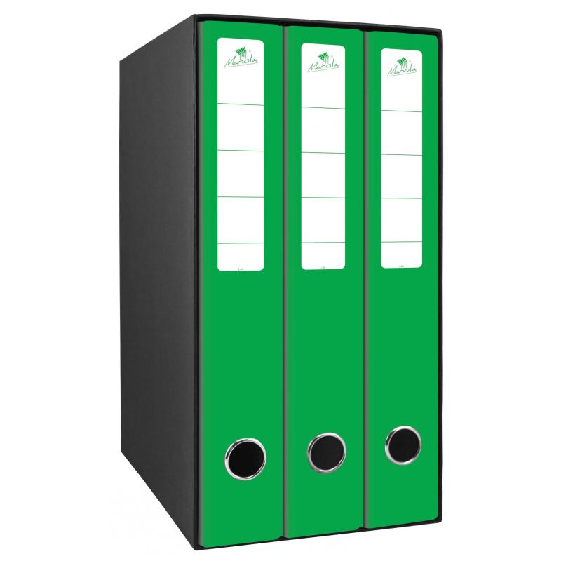 Mariola Box Modulo de 3 Archivadores con Rado 2 Anillas 40mm - Tamaño 35x26x17cm - Carton Forrado - Color Verde