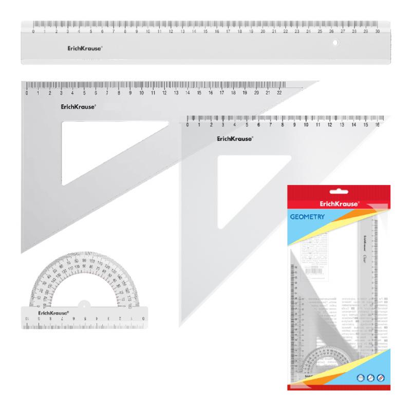 Erichkrause Conjunto de Geometria Grande - Regla de 30 cm - Escuadra de 16 cm/45º - Escuadra de 22 cm/60º - Transportador de 180