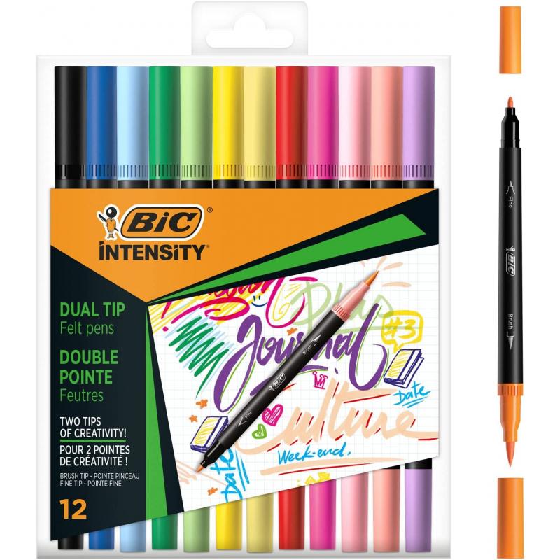 Bic Intensity Dual Tip Pack de 12 Rotuladores Doble Punta - Punta de Pincel + Punta Fina - Tinta con Base de Agua - Colores Clas