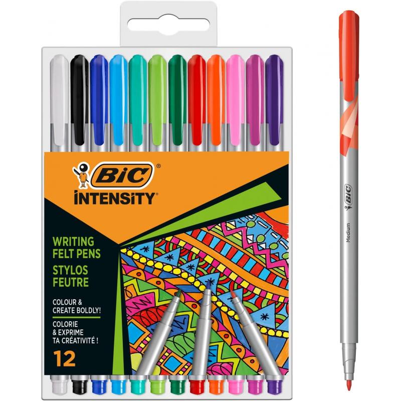 Bic Intensity Medium Pack de 12 Rotuladores - Punta Media de 0.8mm - Tinta con Base de Agua - Colores Surtidos