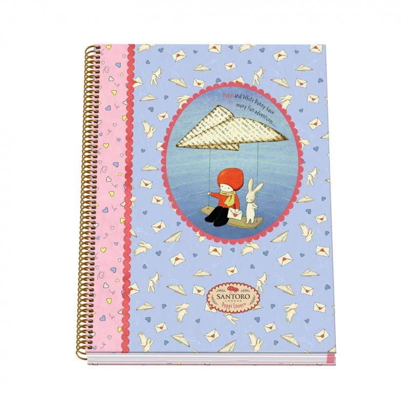 Dohe Santoro Poppi Loves Messenger Cuaderno Espiral Tapa Dura - Tamaño A4 de 100 Hojas 90gr - Hojas Microperforadas con 4 Taladr