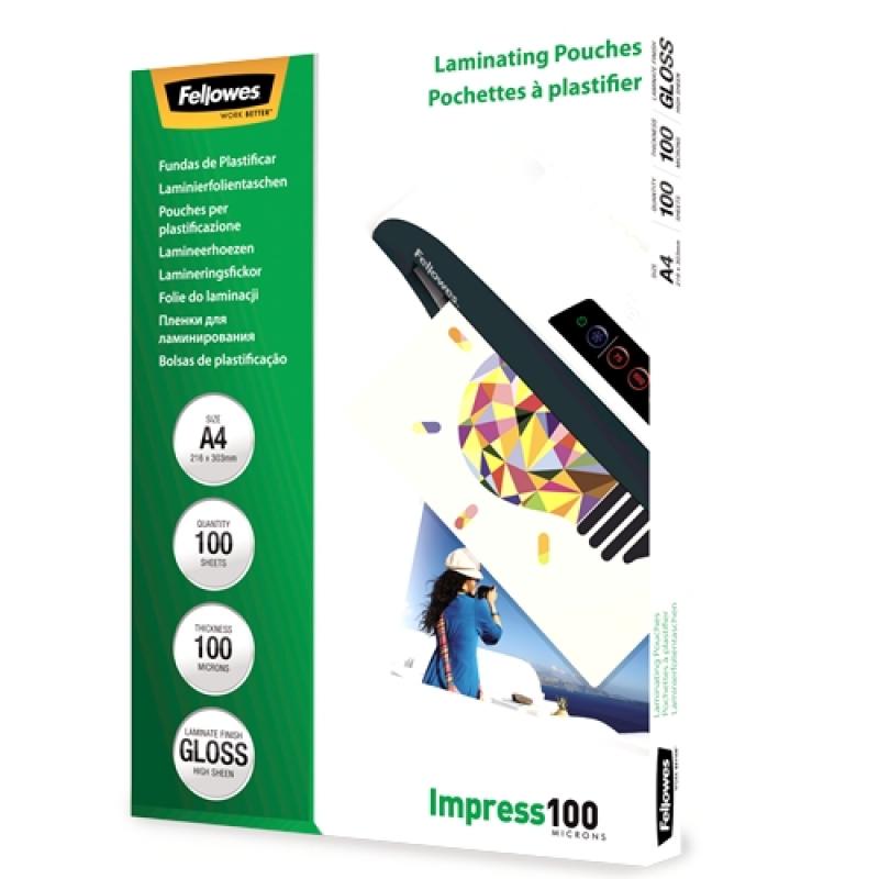 Fellowes Pack de 100 Fundas para Plastificar Brillo A4 - 100 Micras - Alta Calidad - Transparente