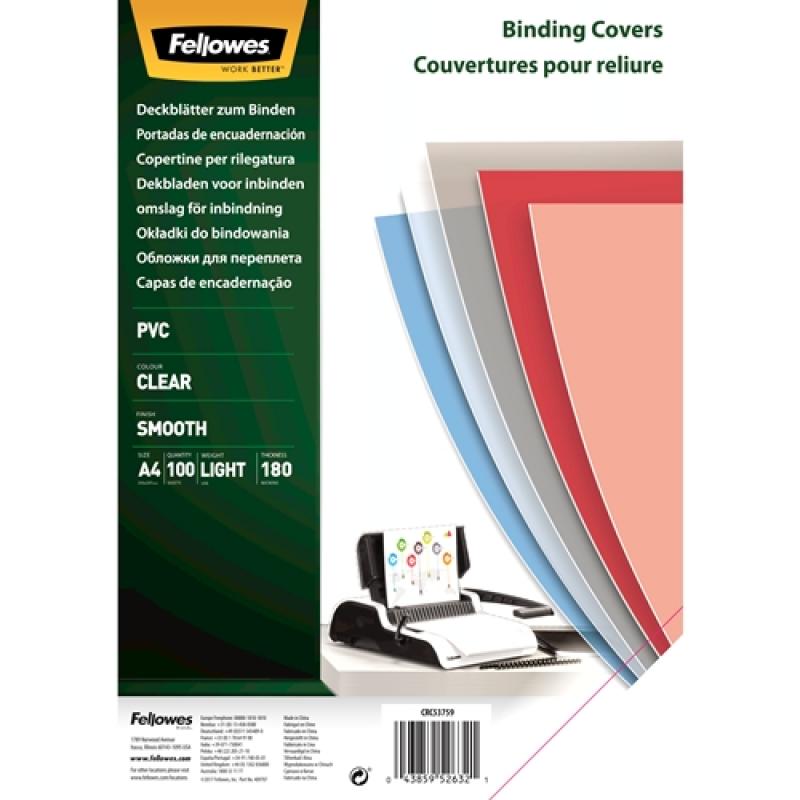 Fellowes Pack de 100 Portadas para Encuadernar de PVC A4 - 180 Micras - Transparentes