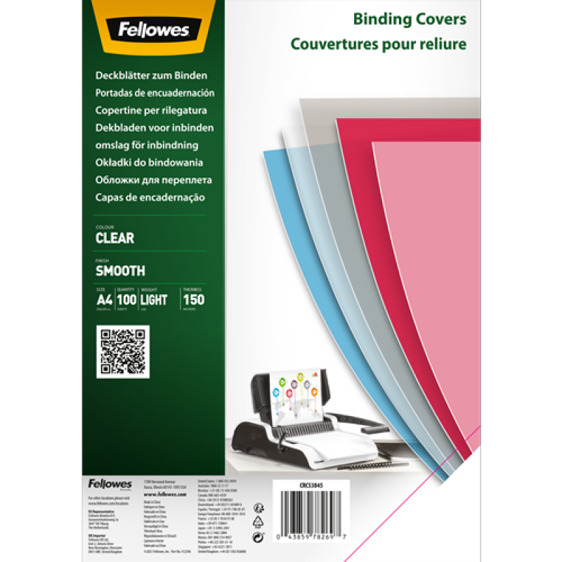 Fellowes Pack de 100 Portadas de Polietileno Transparentes para Documentos A4 - Grosor 150 Micras - Utilizables en Encuadernador