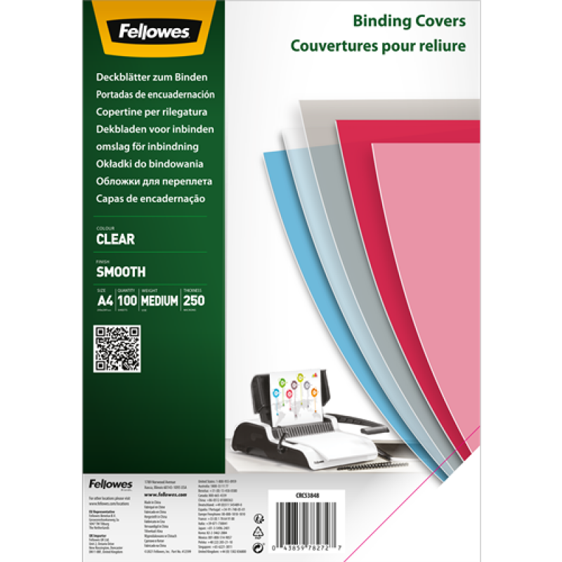 Fellowes Pack de 100 Portadas de Polietileno Transparentes para Documentos A4 - Grosor de 250 Micras - Ideal para Encuadernadora