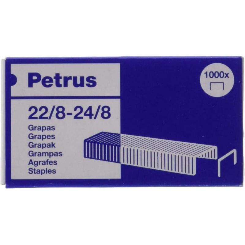 Petrus Caja de 1000 Grapas 22/8-24/8 Cobreadas - Hasta 40 Hojas - Patilla de 8mm