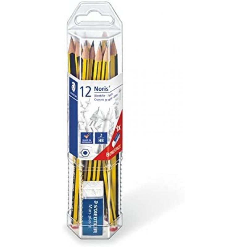 Staedtler Noris 120 Pack de 12 Lapices de Grafito Hexagonales + Goma de Borrar - Mina HB Ultrarresistente de 2mm - Madera de Bos