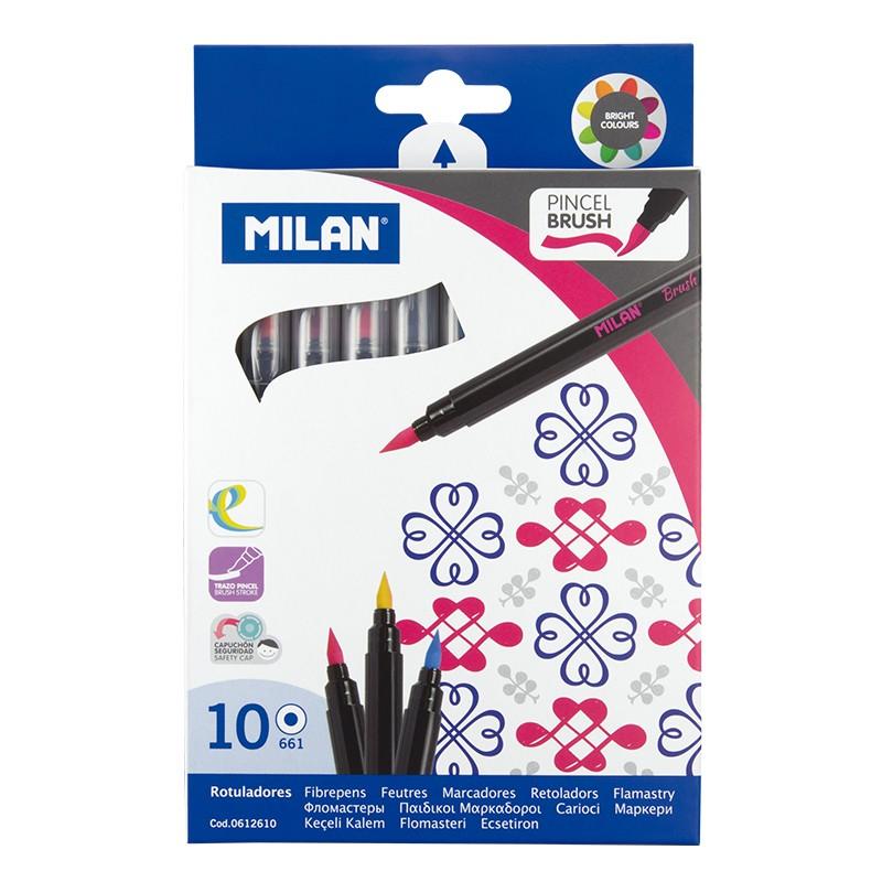 Milan Pack de 10 Rotuladores con Punta de Pincel - Trazo de 0.5 a 4mm - Tinta a Base de Agua - Mezclable entre si - Colores Surt