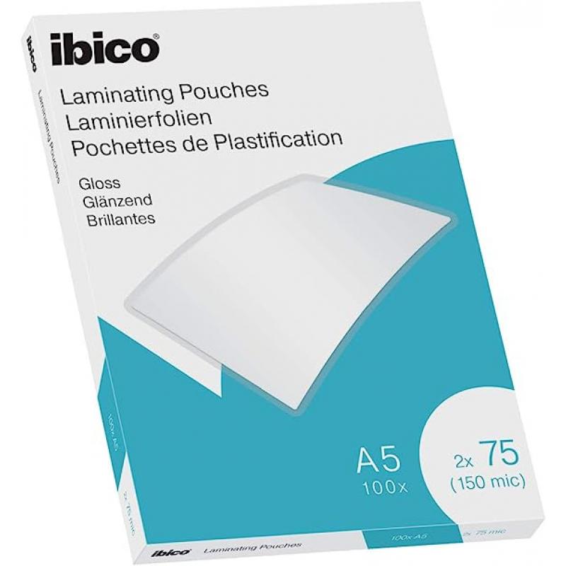 Ibico Caja de 100 Laminas para Plastificar Gloss A5 75 Micras - Acabado Brillante - Plastifica Papel, Fotos, Tarjetas de Visita,