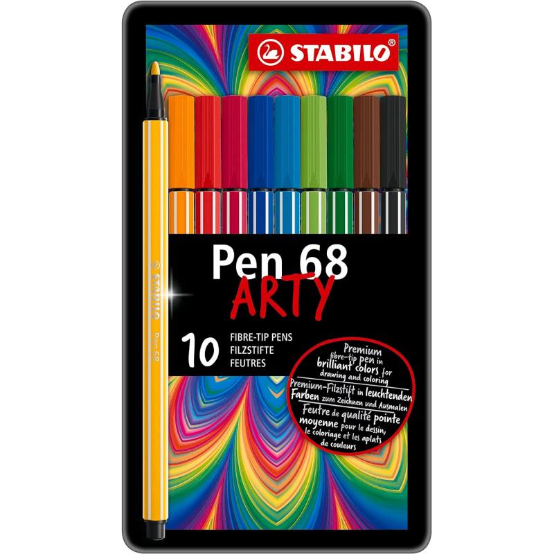 Stabilo Pen 68 Arty Caja Metalica de 10 Rotuladores - Punta de Fibra - Trazo de 1mm aprox. - Tinta a Base de Agua - Capuchon Ven