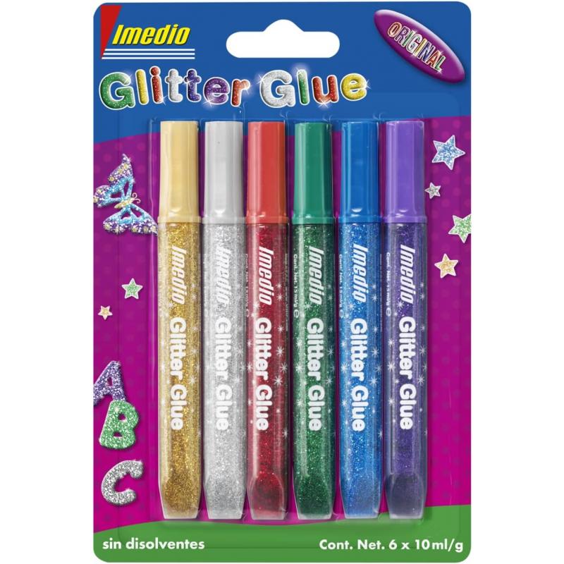 Imedio Glitter Glue "Original" Pack de 6 Tubos de Pegamento con Brillantina 10ml - Para Distintos Materiales - Tubo Extrablando 