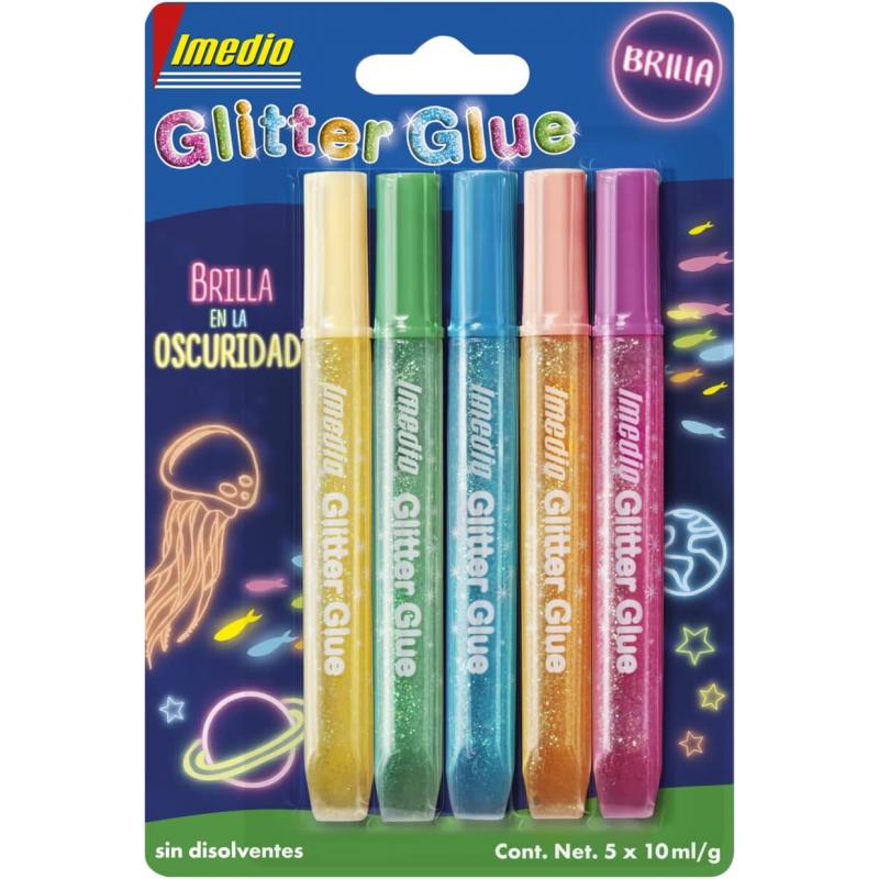 Imedio Glitter Glue "Brilla en la Oscuridad" Pack de 5 Tubos de Pegamento con Brillantina 10ml - Brilla en la Oscuridad - Para D