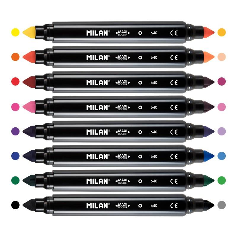 Milan Pack de 8 Rotuladores Maxi Bicolor Doble Punta - Punta Conica 7.5mm - Tinta al Agua - Lavable - Colores Surtidos