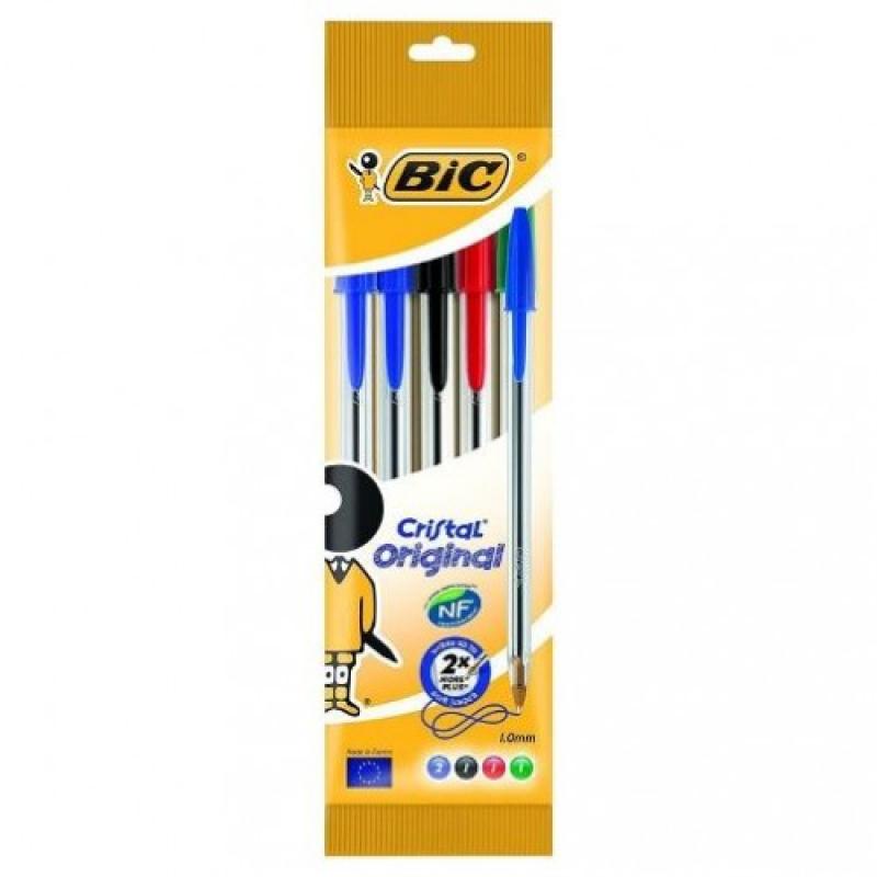 Bic Cristal Original Pack de 5 Boligrafos de Bola - Punta Redonda de 1.0mm - Trazo 0.4mm - Tinta con Base de Aceite - Colores Su