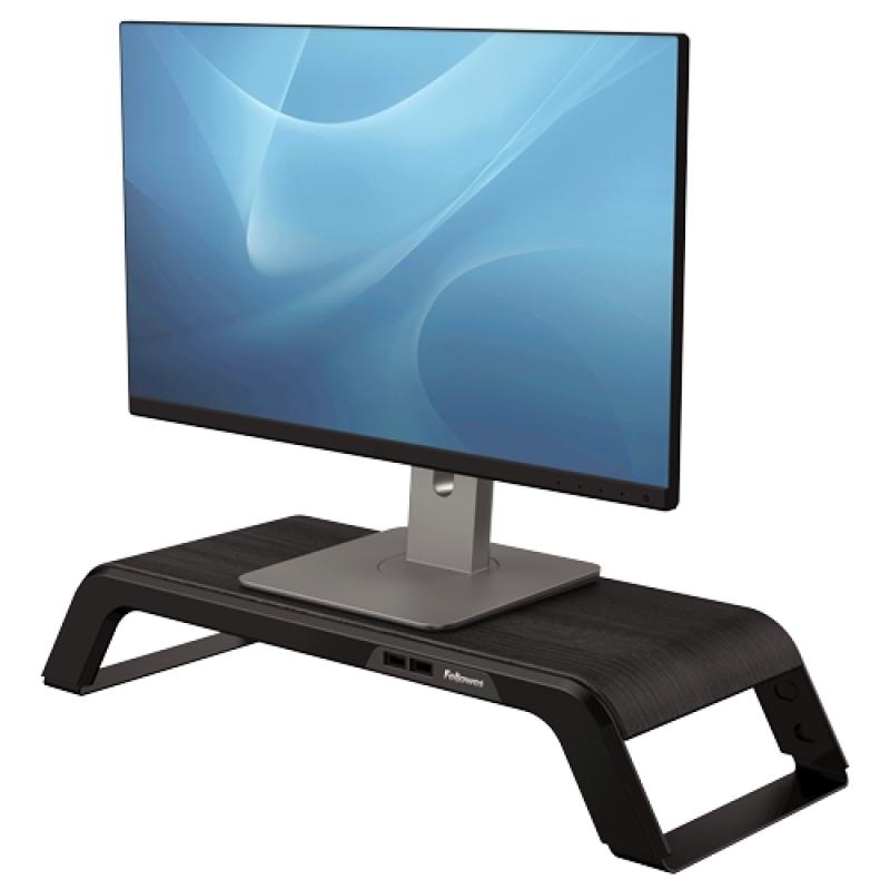 Fellowes Hana Soporte para Monitor - Ajustable en 3 Alturas - 4 Puertos USB - Base de Aluminio y Acabado en Madera - Hasta 22kg 