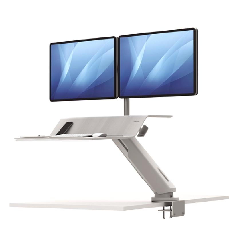 Fellowes Sit-Stand Lotus RT Estacion de Trabajo Doble - Amplia Superficie - Incluye Brazo Monitor - Superficie de Madera Resiste