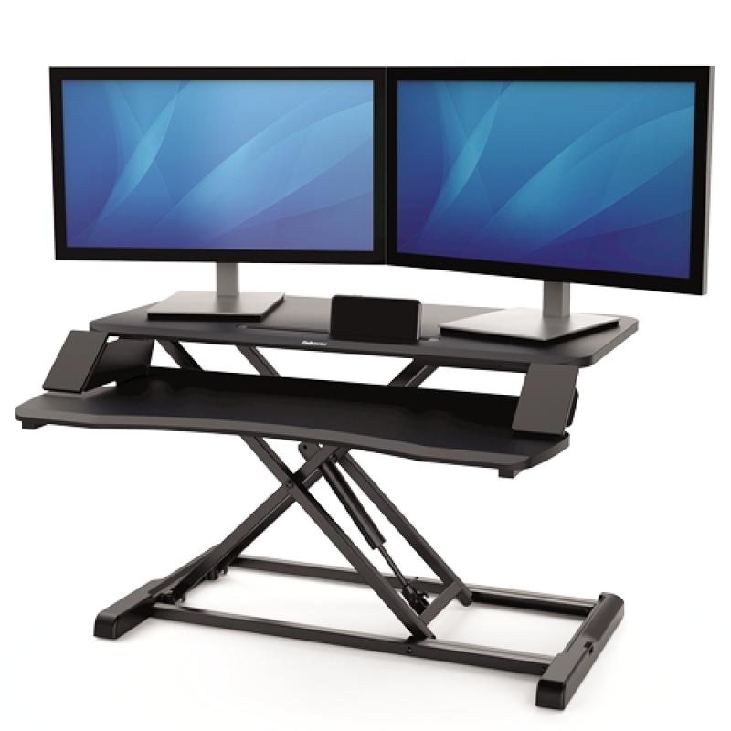 Fellowes Sit-Stand Corsivo Estación de Trabajo - Sistema de Muelle a Gas - Amplia Plataforma Superior - Plataforma Inferior para