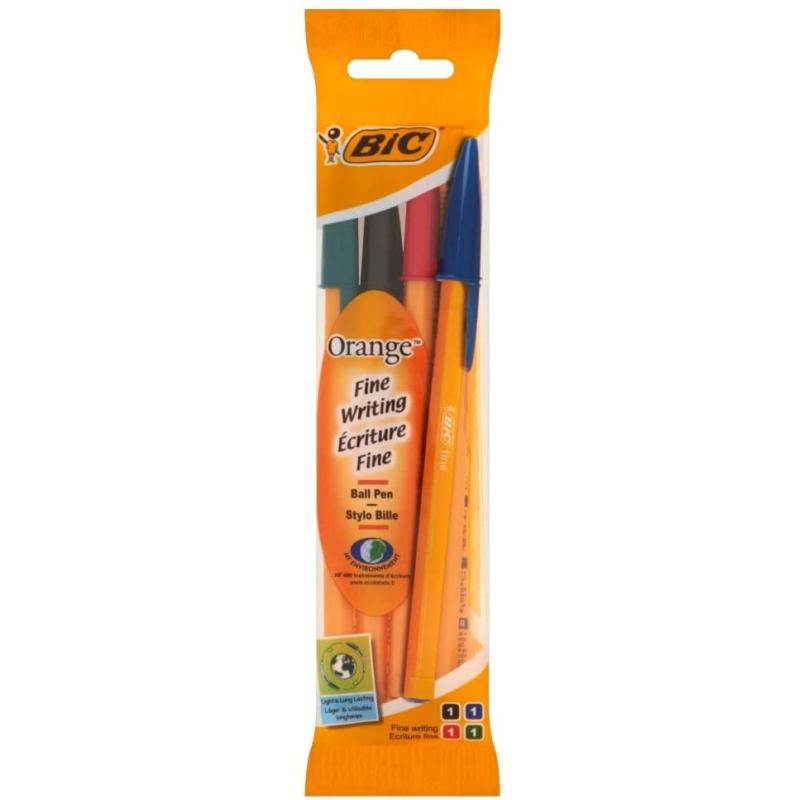 Bic Orange Original Fine Pack de 4 Boligrafos de Bola - Punta Redonda de 0.8mm - Trazo de 0.3mm - Tinta con Base de Aceite - Cue