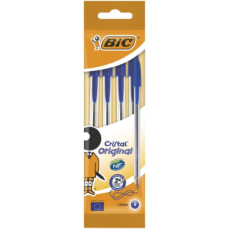 Bic Cristal Original Pack de 4 Boligrafos de Bola - Punta Redonda de 1.0mm - Trazo 0.4mm - Tinta con Base de Aceite - Color Azul