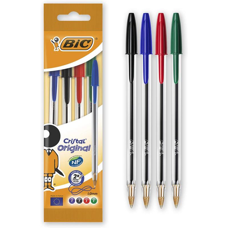 Bic Cristal Original Pack de 4 Boligrafos de Bola - Punta Redonda de 1.0mm - Trazo 0.4mm - Tinta con Base de Aceite - Colores Su