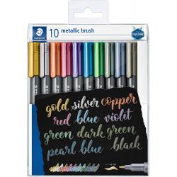 Staedtler Pack de 10 Rotuladores Permanentes - Punta Pincel - Trazo 1-2mm Aprox - Capuchon con Clip - Colores Metalicos Surtidos