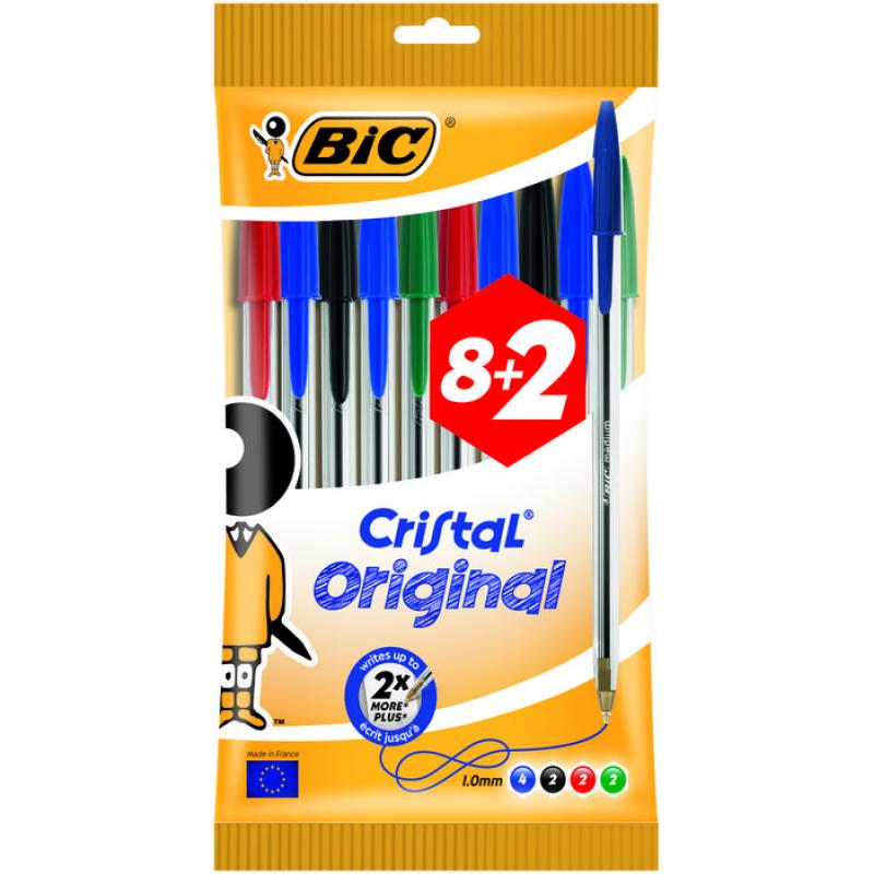 Bic Cristal Original Pack de 10 Boligrafos de Bola - Punta Redonda de 1.0mm - Trazo 0.4mm - Tinta con Base de Aceite - Colores S