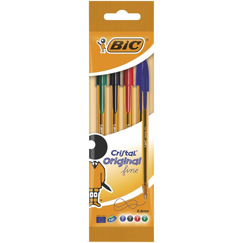 Bic Cristal Original Fine Pack de 4 Boligrafos de Bola - Punta Redonda de 0.8mm - Trazo de 0.30mm - Tinta con Base de Aceite - T