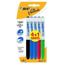 Bic Velleda Grip 4+1 Pack de 5 Rotuladores para Pizarra - Zona con Grip - Punta Media - Trazo de 1.2mm - Borrado Optimo - Colore