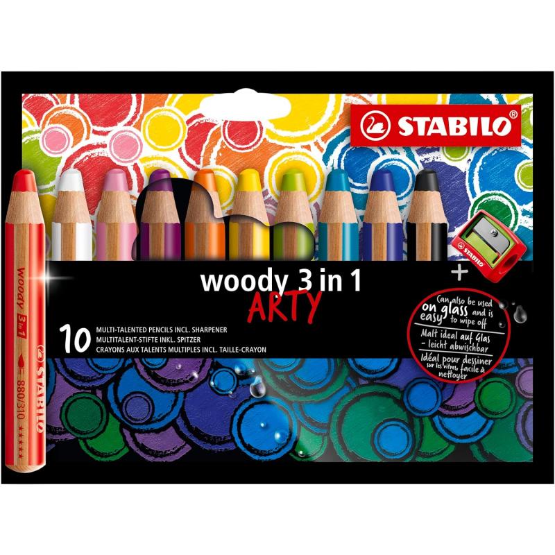 Stabilo Woddy 3 en 1 Arty Pack de 10 Lapices de Colores + Sacapuntas - Lapiz de Color, Cera y Acuarela, Todo en Uno - Mina XXL 1