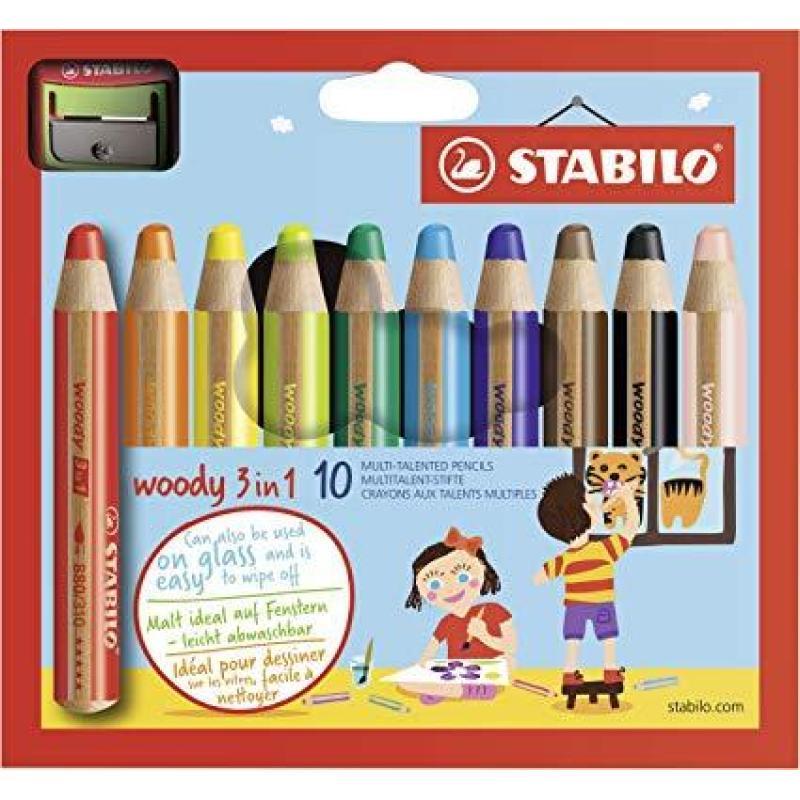 Stabilo Woddy 3 en 1 Pack de 10 Lapices de Colores + Sacapuntas - Lapiz de Color, Cera y Acuarela, Todo en Uno - Mina XXL 10mm -