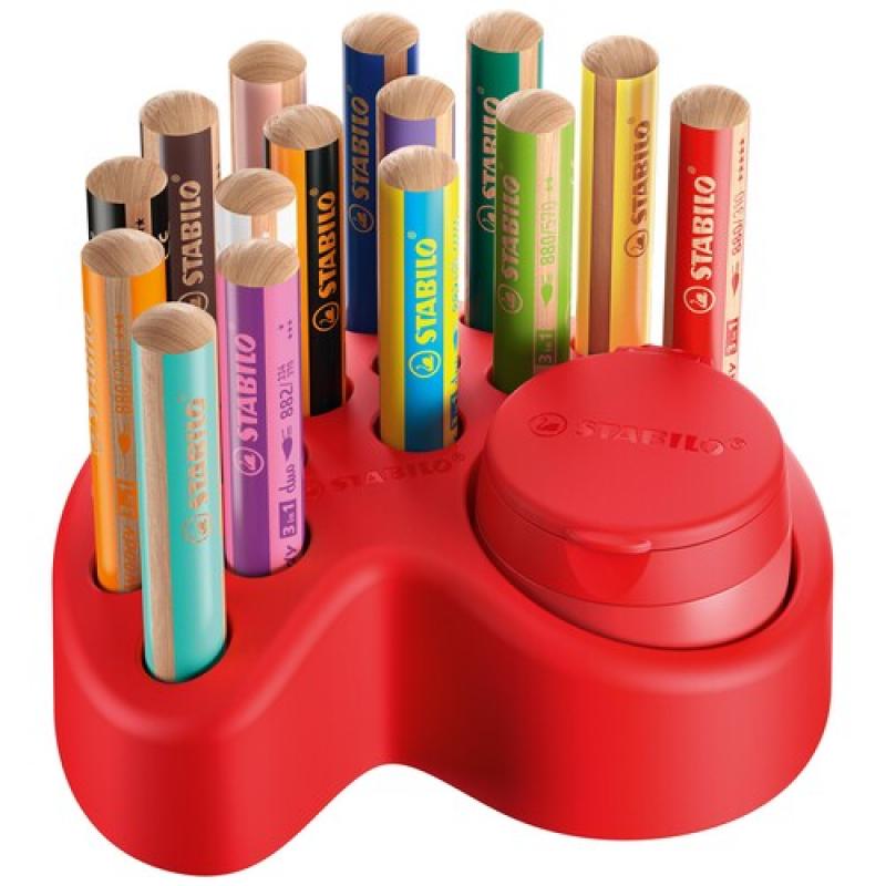 Stabilo Set de Mesa Woddy 3 en 1 15 Lapices de Colores + Sacapuntas con Deposito - 10x Woody 3 en 1, 2x Woody 3 en 1 Pastel, 3x 