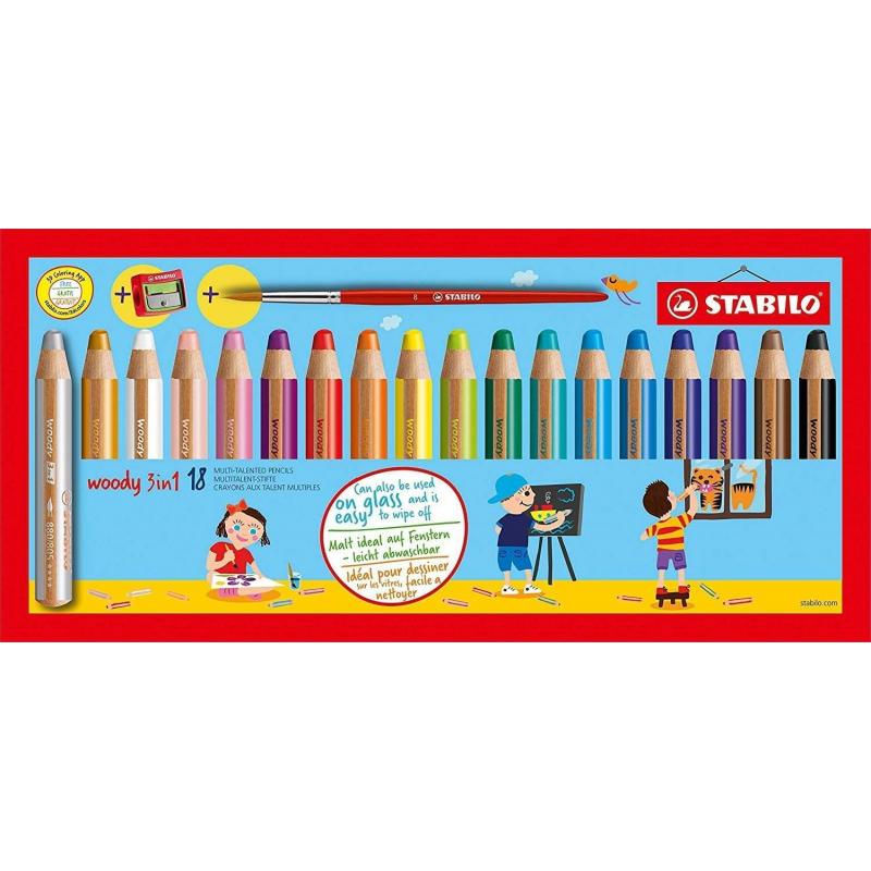 Stabilo Woddy 3 en 1 Pack de 18 Lapices de Colores + Sacapuntas + Pincel Nº 8 - Lapiz de Color, Cera y Acuarela, Todo en Uno - M