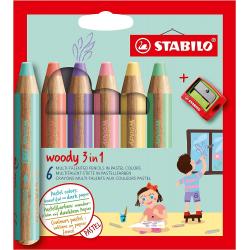 Stabilo Woddy 3 en 1 Pack de 6 Lapices de Colores Pastel + Sacapuntas - Lapiz de Color, Cera y Acuarela, Todo en Uno - Mina XXL 
