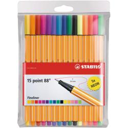 Stabilo Point 88 Pack de 15 Rotuladores de Punta Fina de Fibra - Trazo de 0.4 mm - Tinta con Base de Agua - 10 Colores Surtidos 