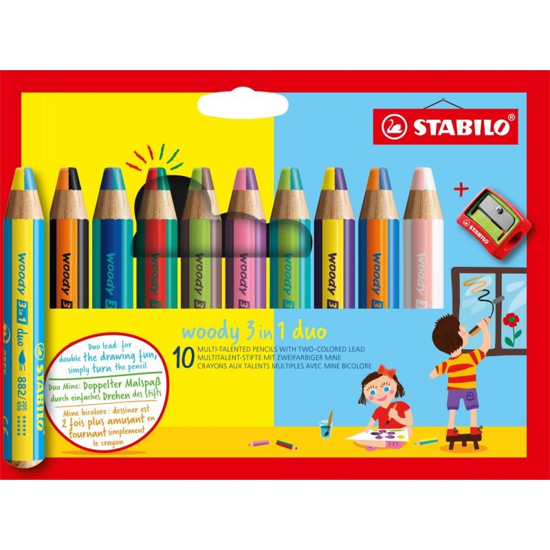 Stabilo Woddy 3 en 1 Duo Pack de 10 Lapices de Colores + Sacapuntas - Mina 2 Colores XXL 10mm - Lapiz de Color, Cera  Acuarela, 